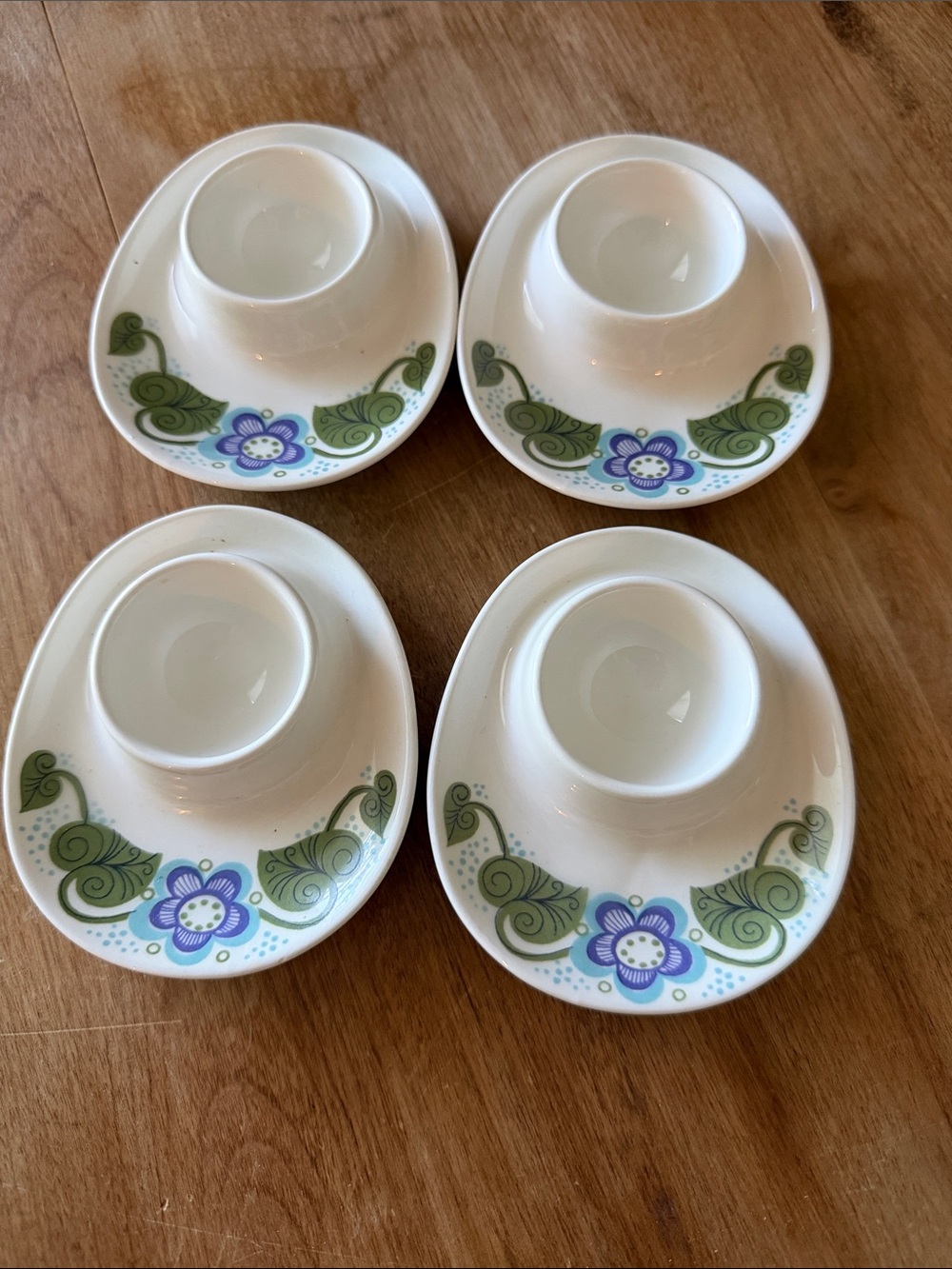 White Ceramic Egg Cups with Green Leaf and Purple Floral Design Norway